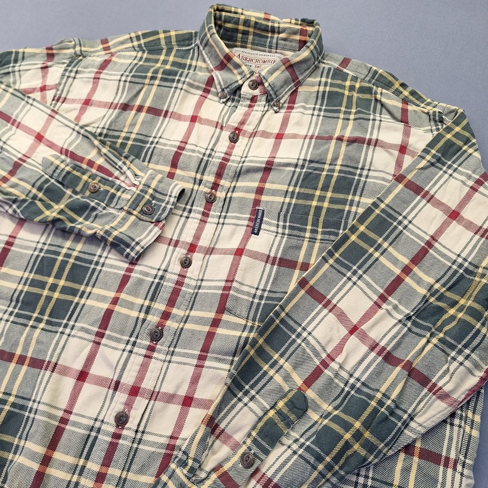 Vintage Abercrombie Big Shirts Mens XL Green Red Plaid Flannel Button Down